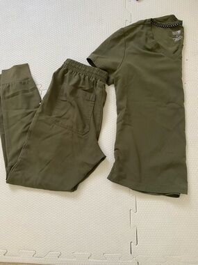 koi Olive Green V-Neck Scrub Top and Jogger Pants